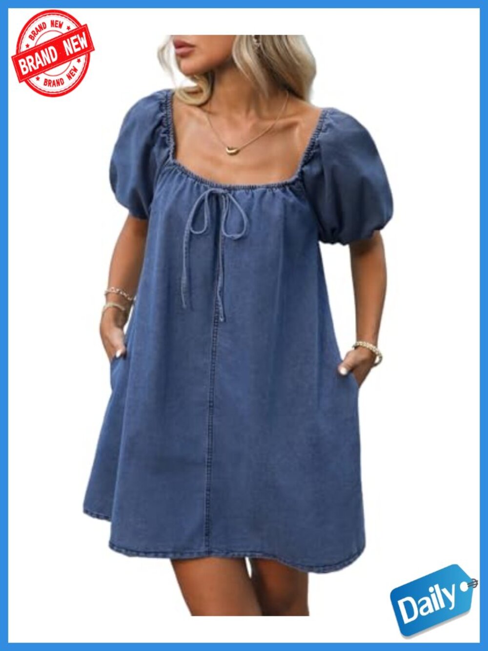 Women's Denim Mini Dress Puff Short Sleeve Square Neck Loose Jean Dresses with